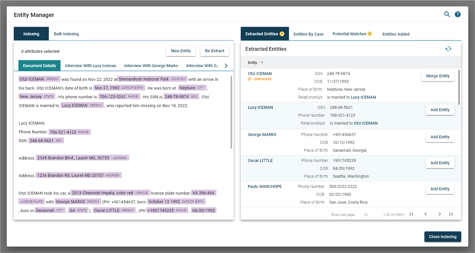 Entity Manager modal showing extracted entities and connections