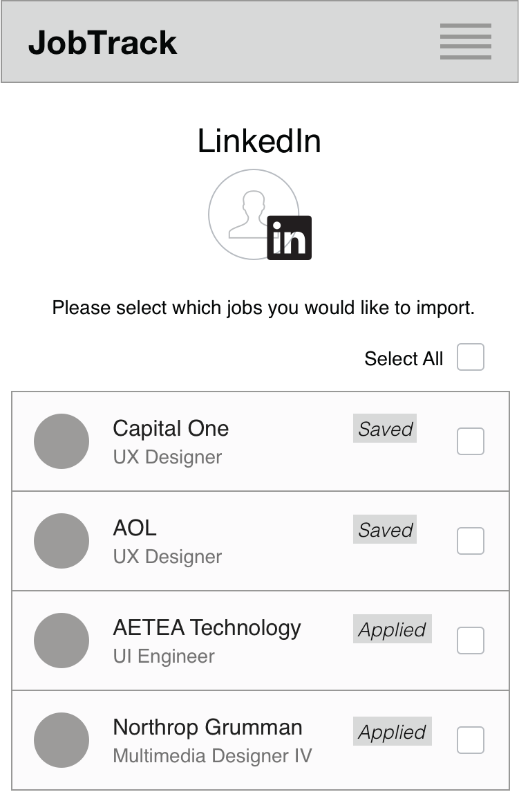 Wireframe: Importing saved jobs from LinkedIn