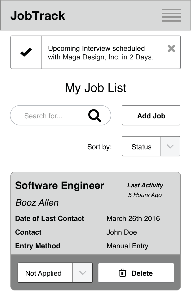 Wireframe: Upcoming interview reminder banner